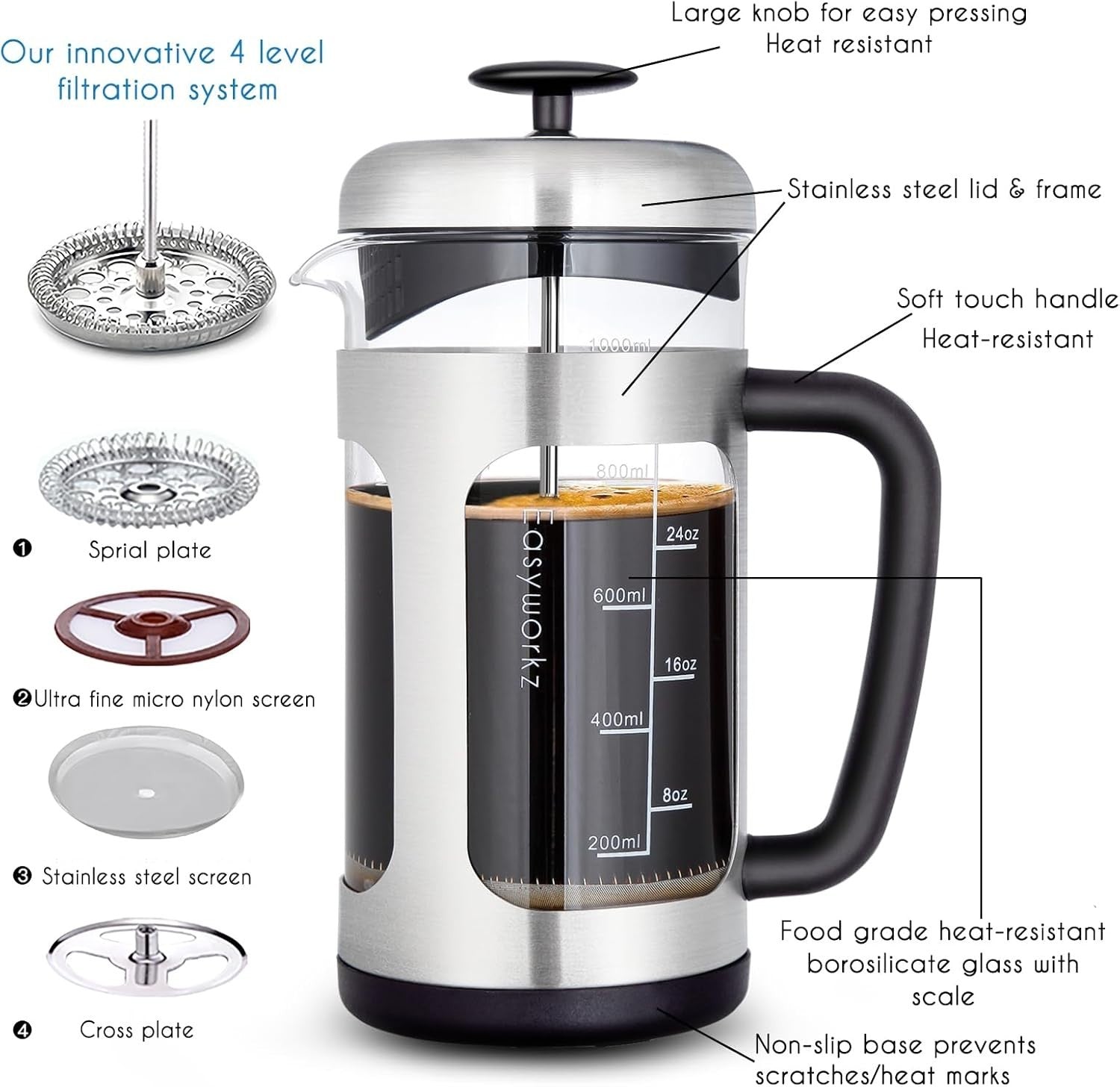 Stainless Steel French Press 1000ml Coffee & Tea Maker Borosilicate Glass Jug