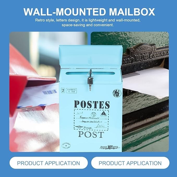 Wall Mount Lockable Mailbox Blue Iron Vintage Outdoor Post Box 30x22x7cm