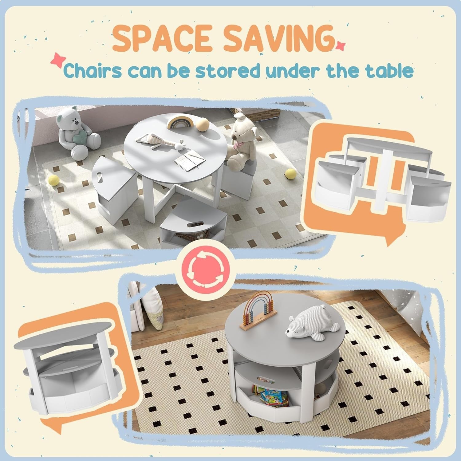 Kids Table and 4 Chairs with Storage Set Grey Round Playroom Activity Desk