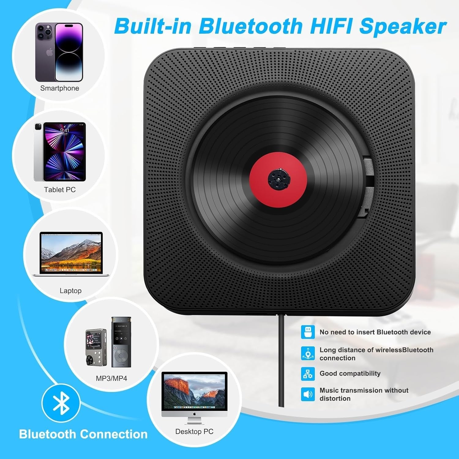 Portable Desktop CD Player Bluetooth HiFi Speakers FM Radio Remote LCD
