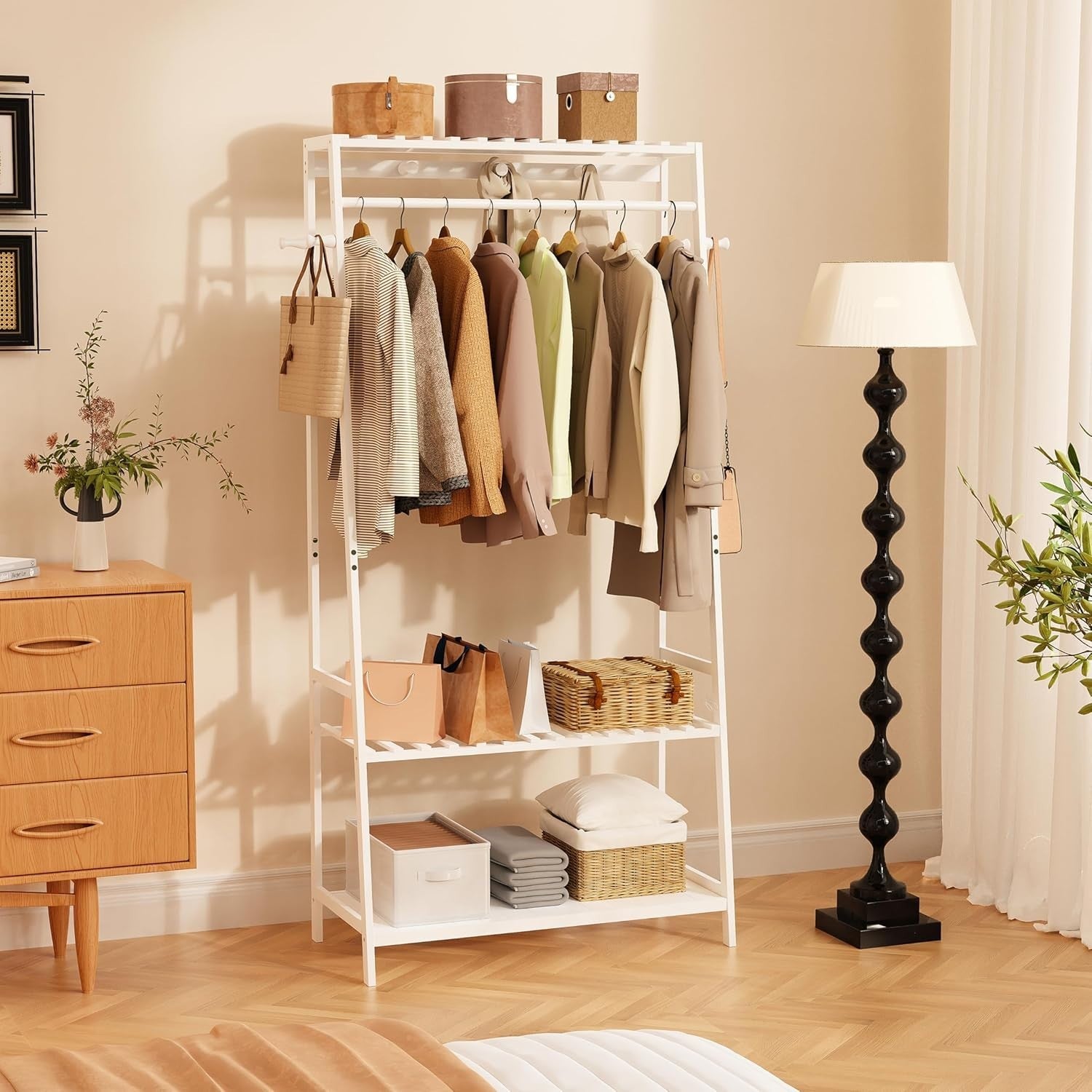 Bamboo Clothes Rail Rack with Shelves & Hooks, White Wardrobe