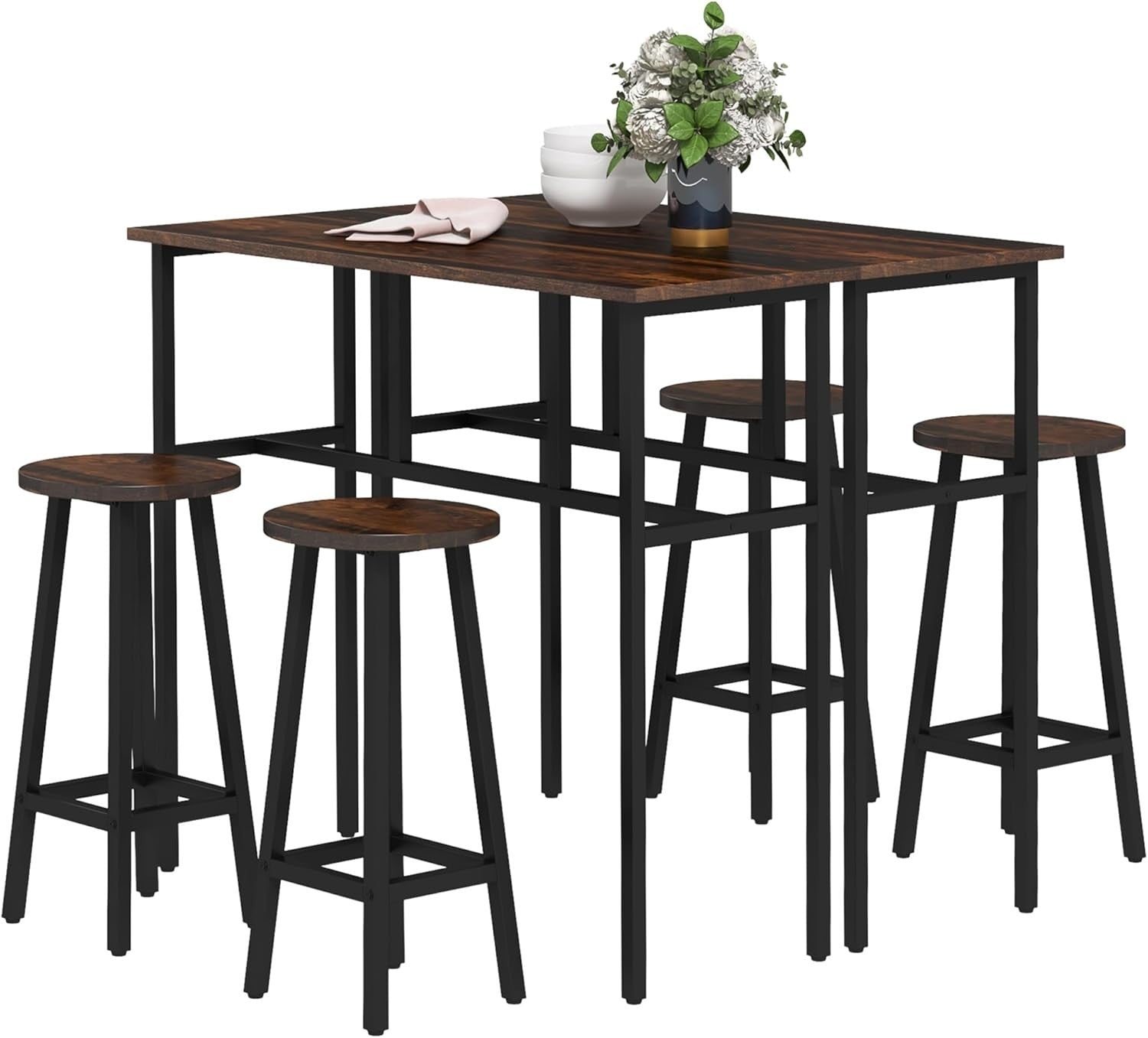 6-Piece Bar Table Set 2 High Tables & 4 Stools, Rustic Brown Space-Saving Dining