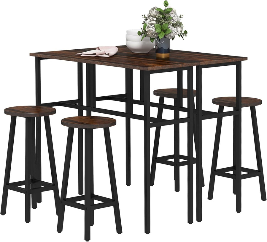 6-Piece Bar Table Set 2 High Tables & 4 Stools, Rustic Brown Space-Saving Dining