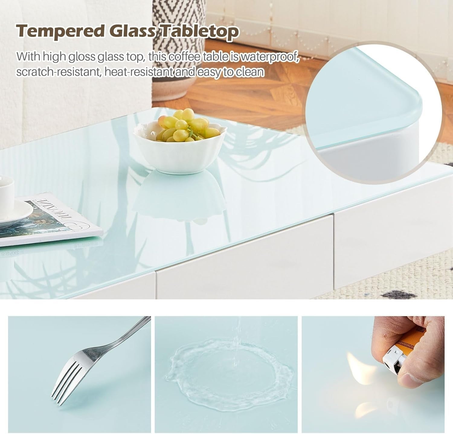 Modern White High Gloss Tempered Glass Coffee Table with 2 Drawers 100x60cm