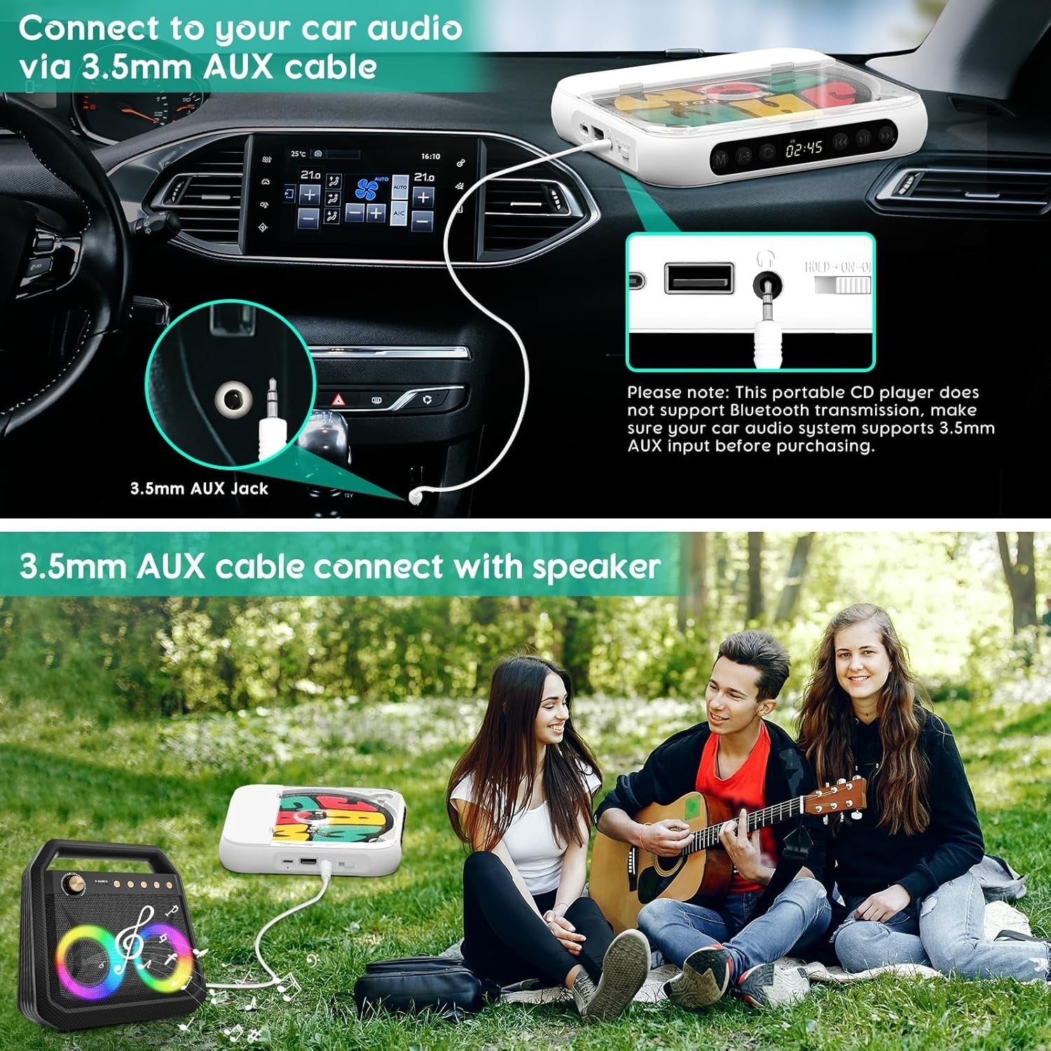 Portable CD Player Bluetooth Rechargeable Speaker USB AUX Headphones