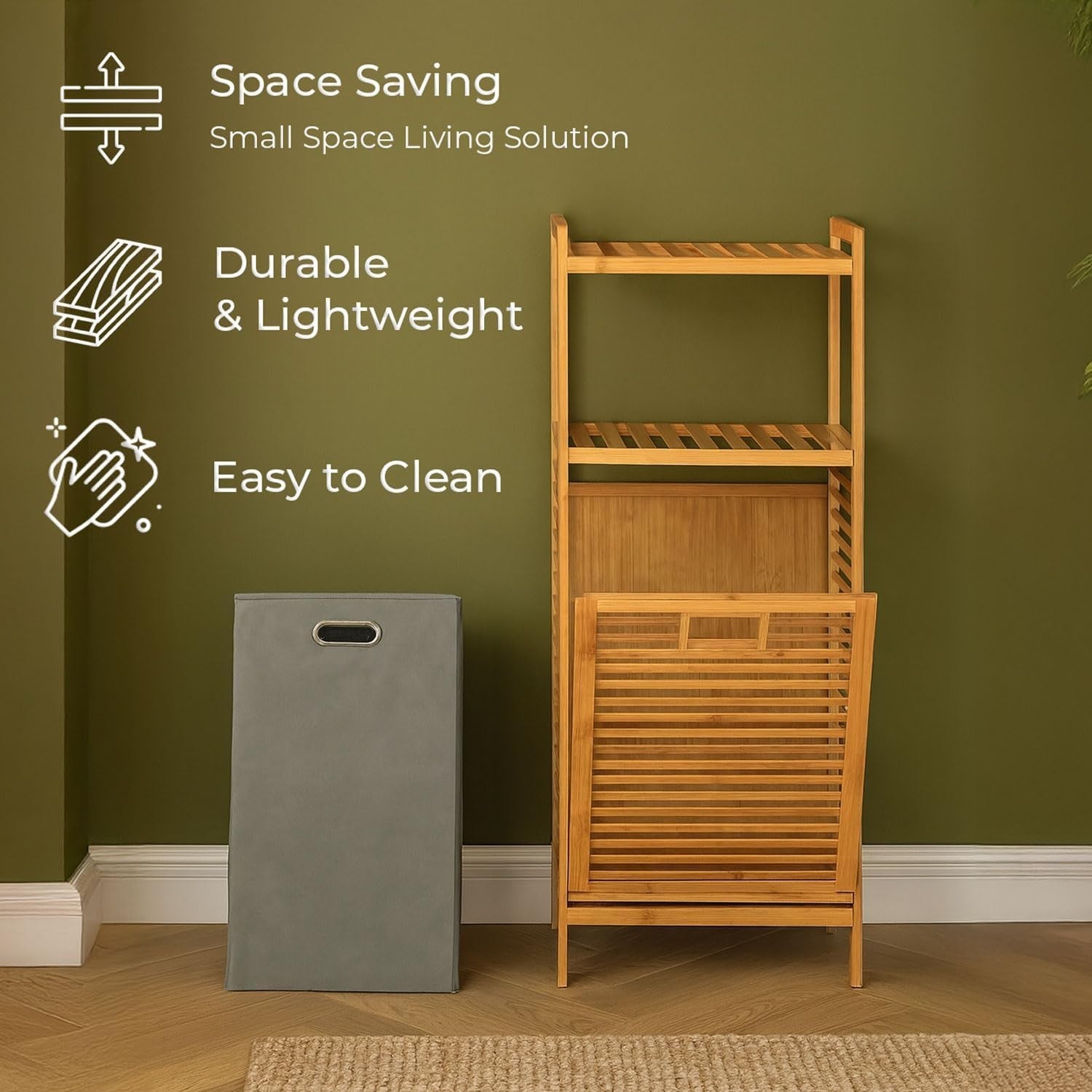 Bamboo Laundry Hamper Tilt Out Basket with Shelves Bathroom Storage Unit Descri