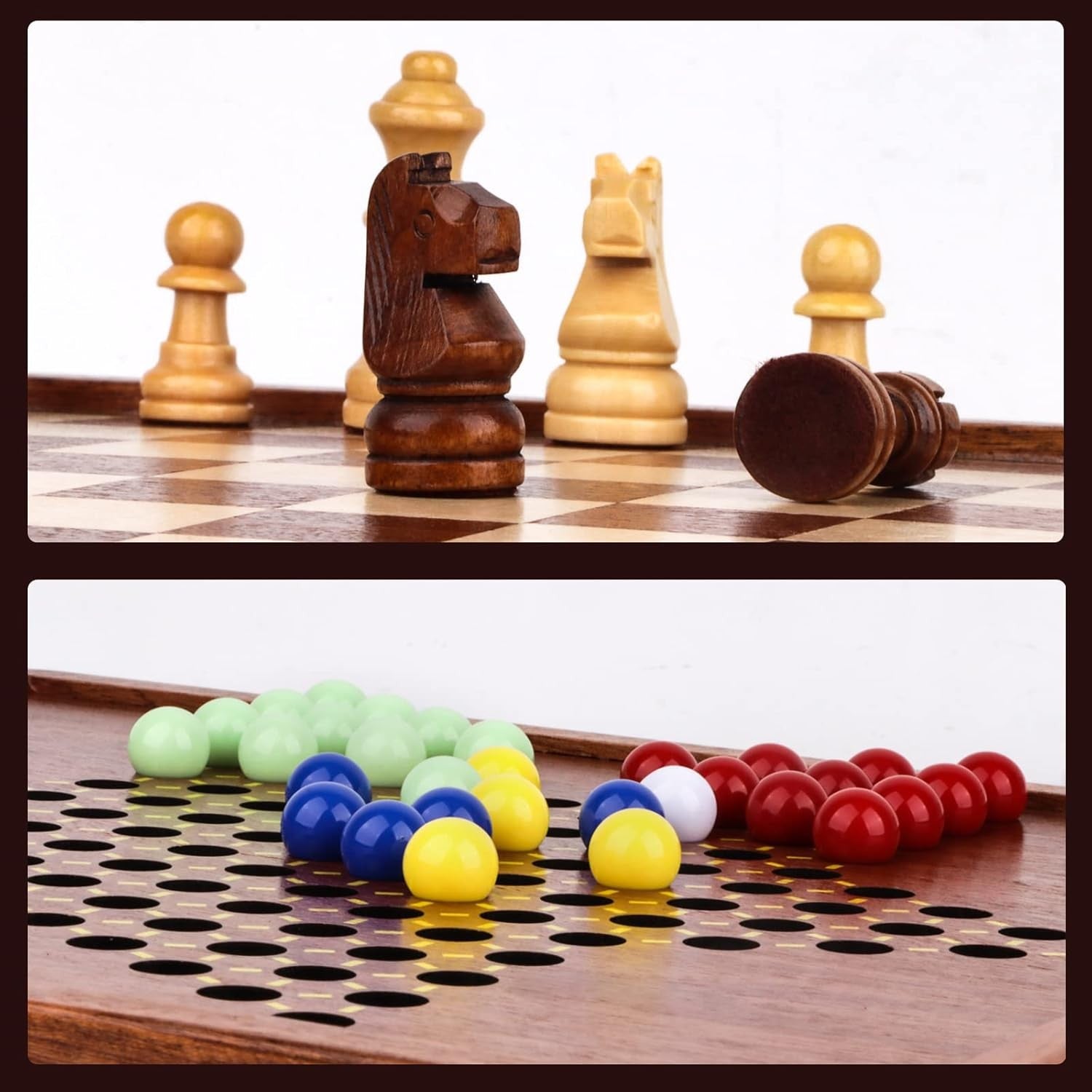 2-in-1 Wooden Magnetic Chess & Chinese Checkers Set with Storage Drawer