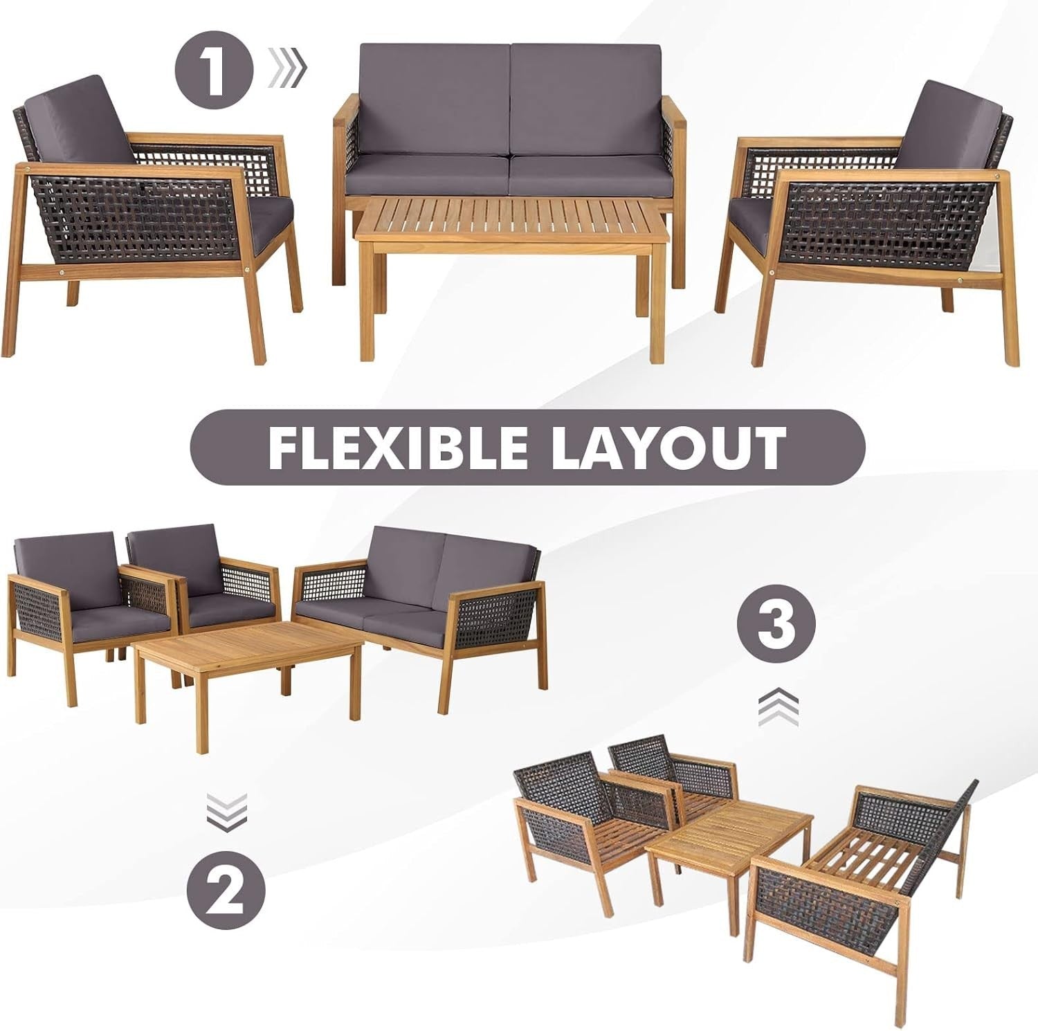 Outdoor 4PC Rattan Sofa Set Wooden Garden Lounge Chairs Coffee Table