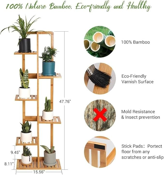 6 Tier Tall Bamboo Plant Stand Indoor Outdoor Corner Shelf Flower Holder