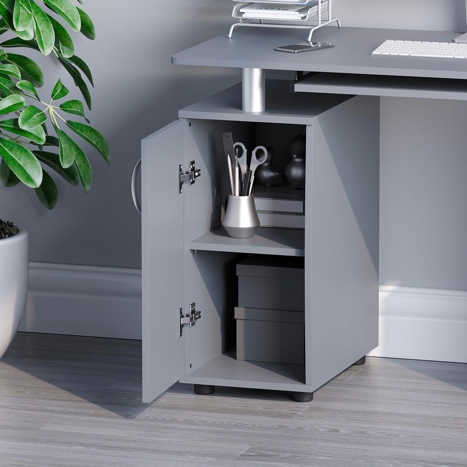 Grey 3 Drawer Computer Desk w/Shelves & Keyboard Tray, 120cm Workstation