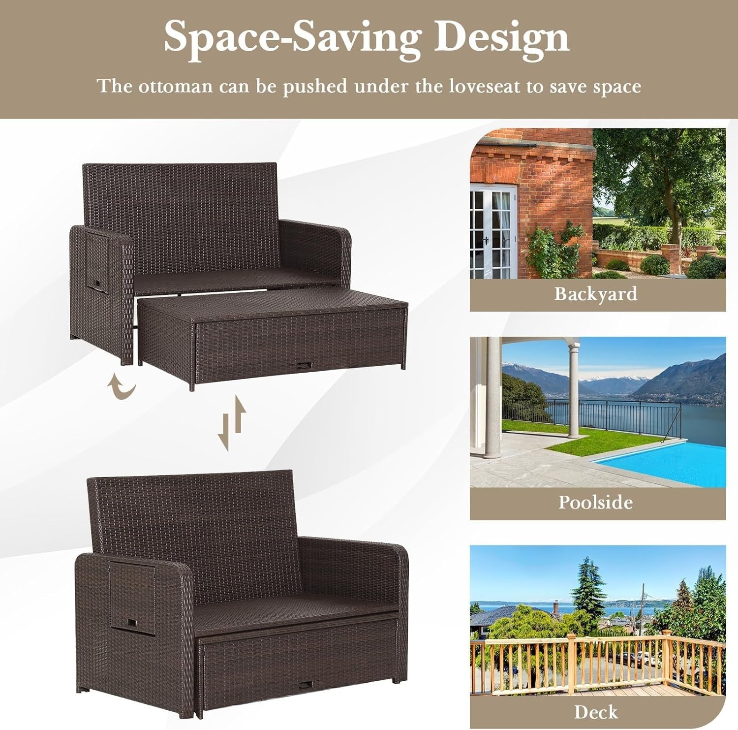 Navy+Brown 2-Seater Rattan Daybed Outdoor with Adjustable Back & Ottoman