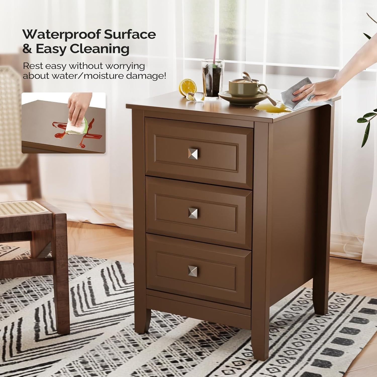 Modern Brown Bedside Table with 3 Drawers – Wooden Nightstand Cabinet