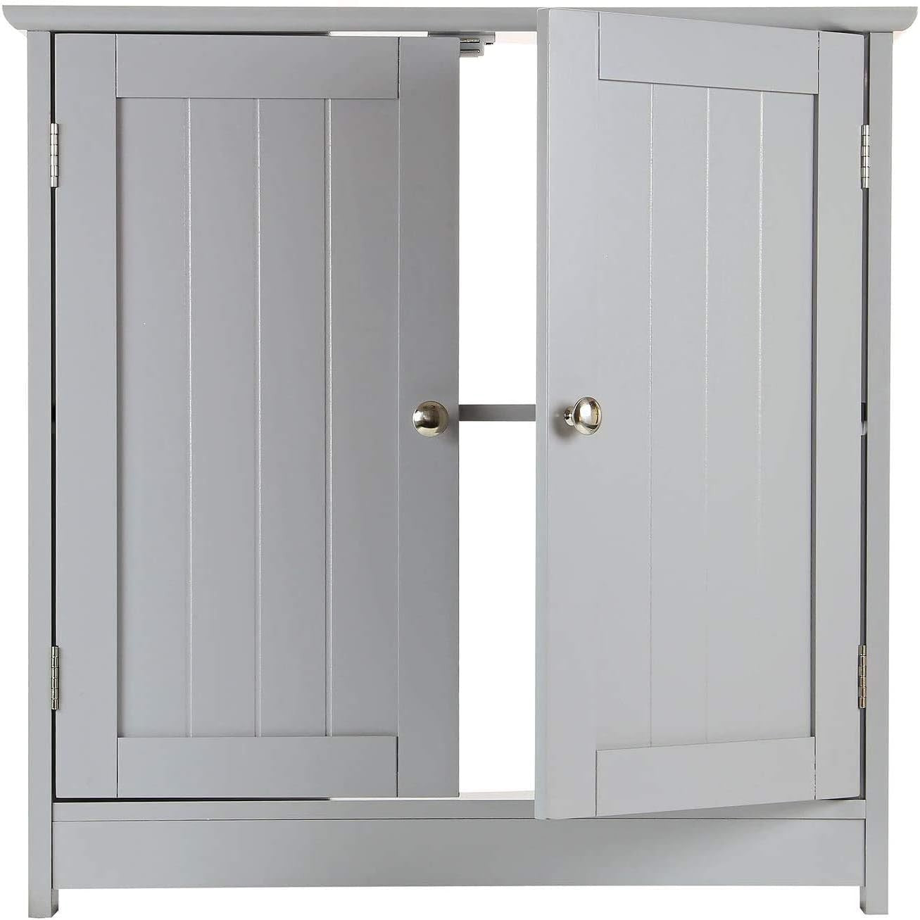 Grey Wooden Under Sink Bathroom Cabinet with Double Doors & Storage Shelf