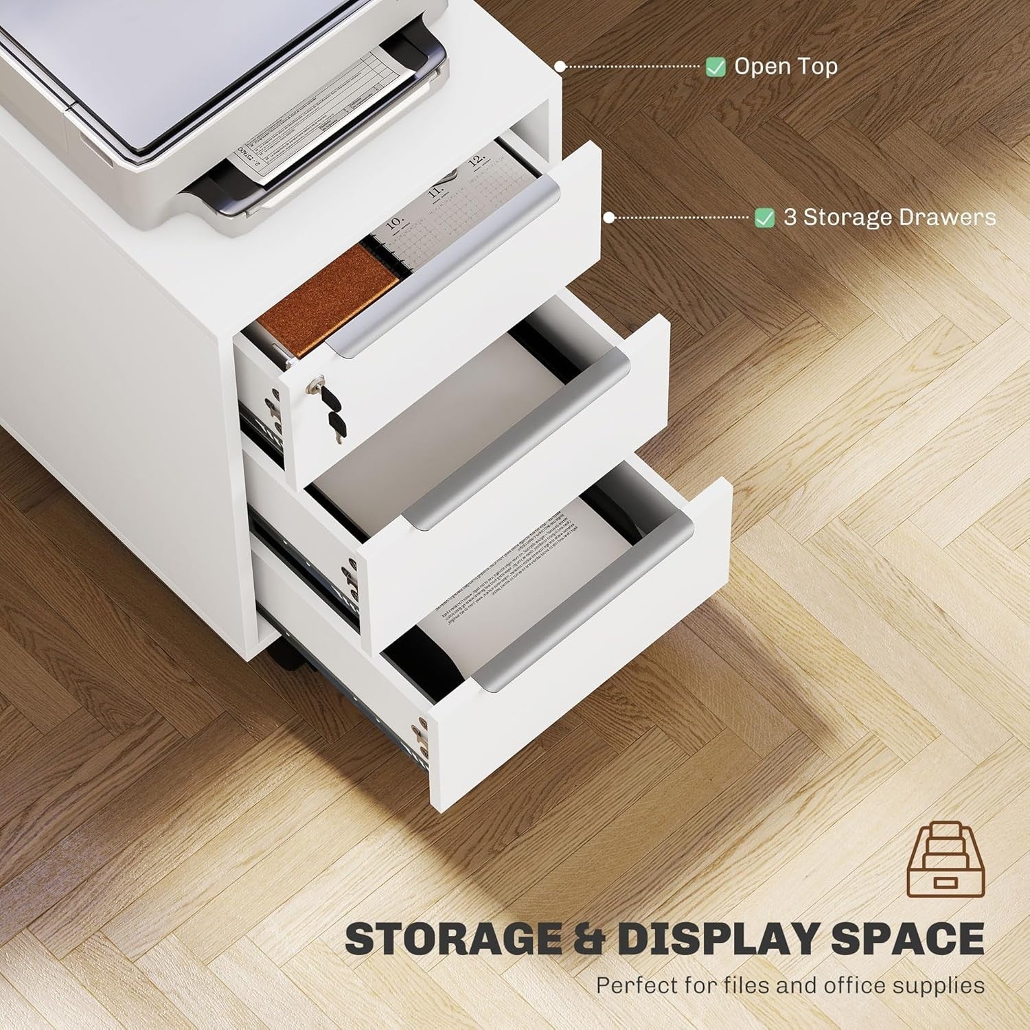 White Lockable Rolling Drawer Cabinet 3 Tier Under Desk File Unit