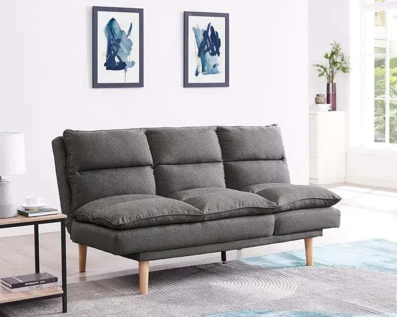 3 Seater Grey Fabric Sofa Bed with Chaise Recliner & Wooden Legs