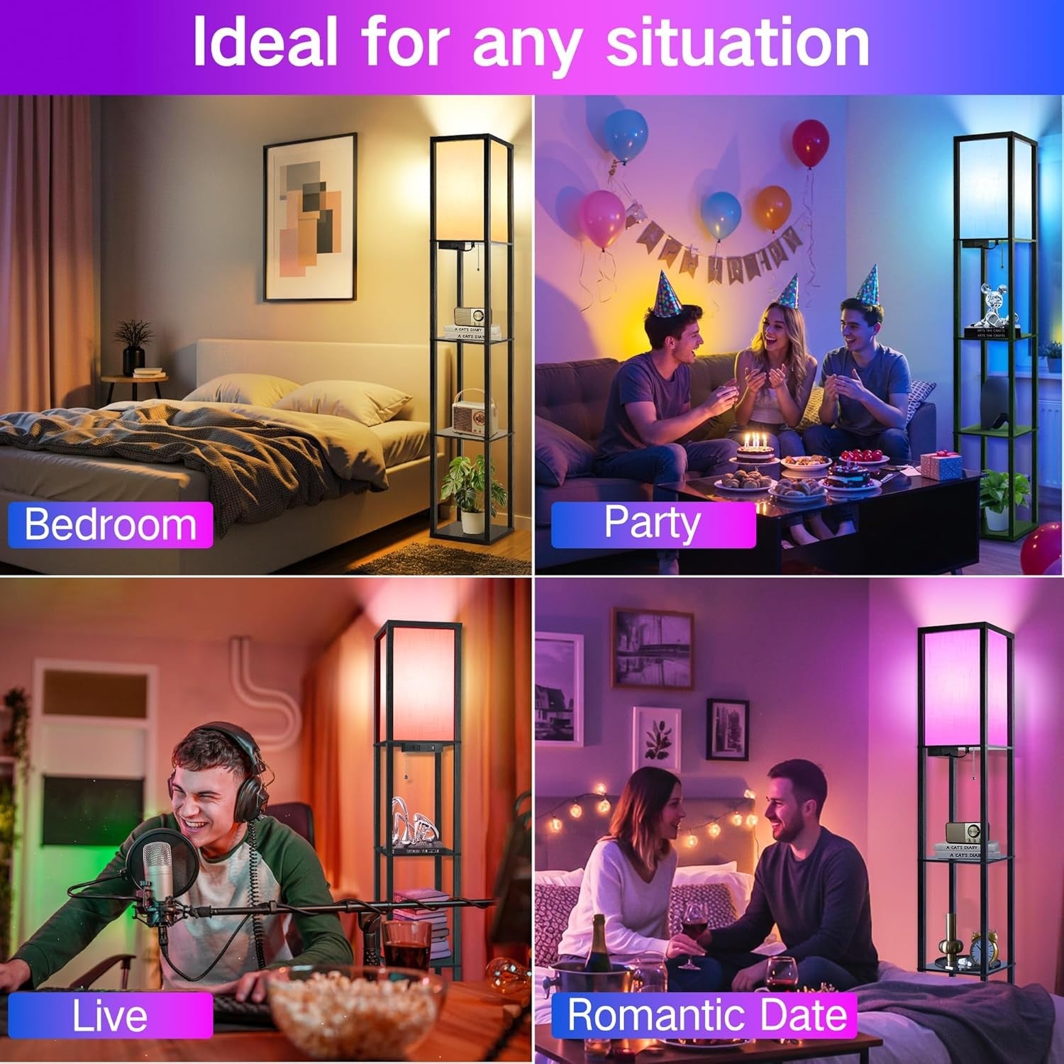 RGB Floor Lamp with Shelves App Remote Smart LED Standing Light Black