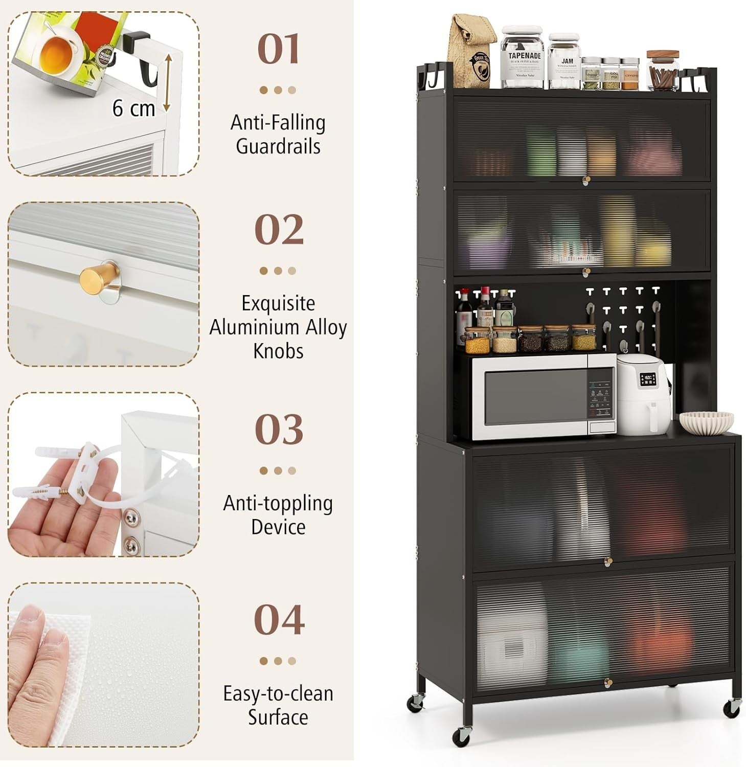 80x40x181cm Black Rolling Kitchen Cabinet 6-Tier Pantry Storage with Wheels
