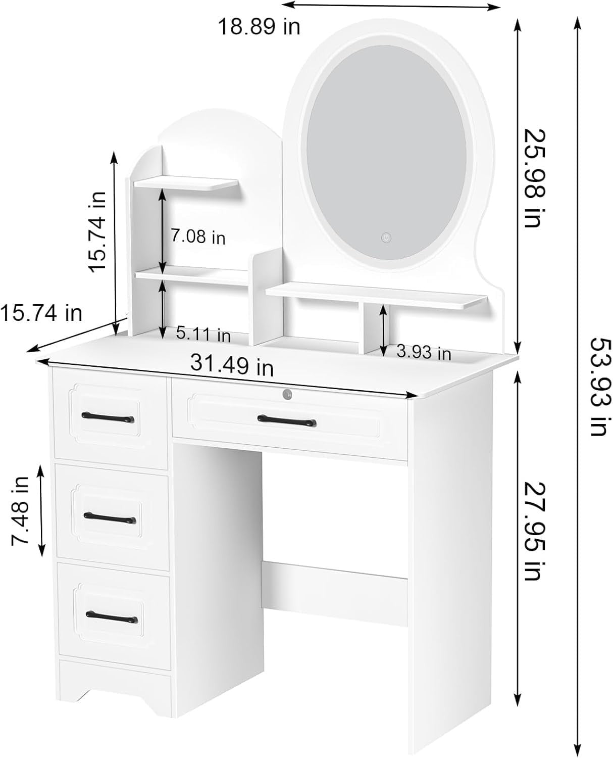 European Style Makeup Vanity Desk Lighted Mirror 3 Color LED 4 Drawers Storage