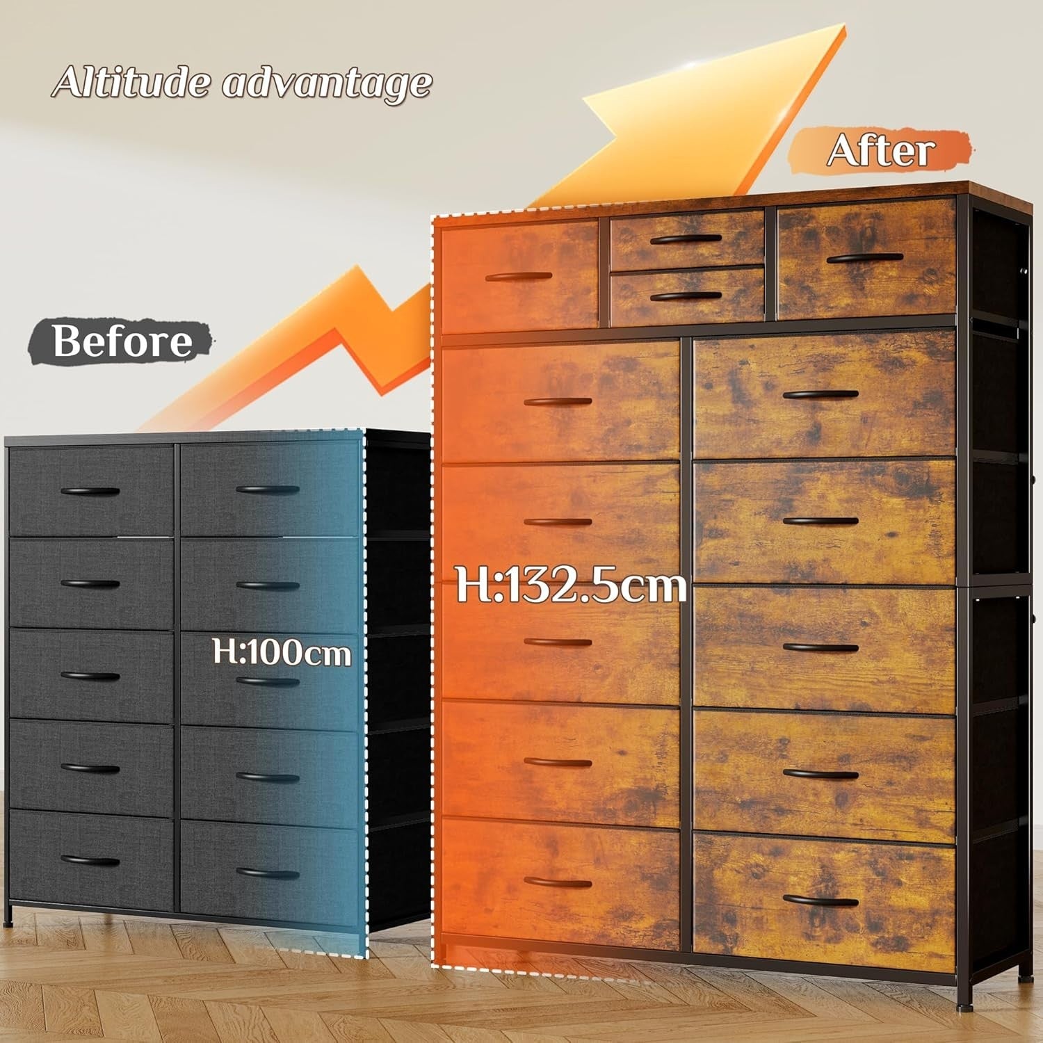 Tall Chest of Drawers 14 Fabric Storage Units Rustic Wood Metal Frame