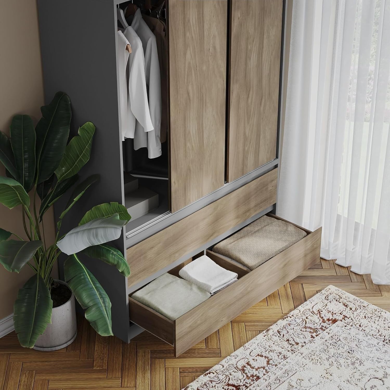 Oak Sliding Wardrobe 240cm 6 Doors 4 Drawers Bedroom Closet Storage Unit