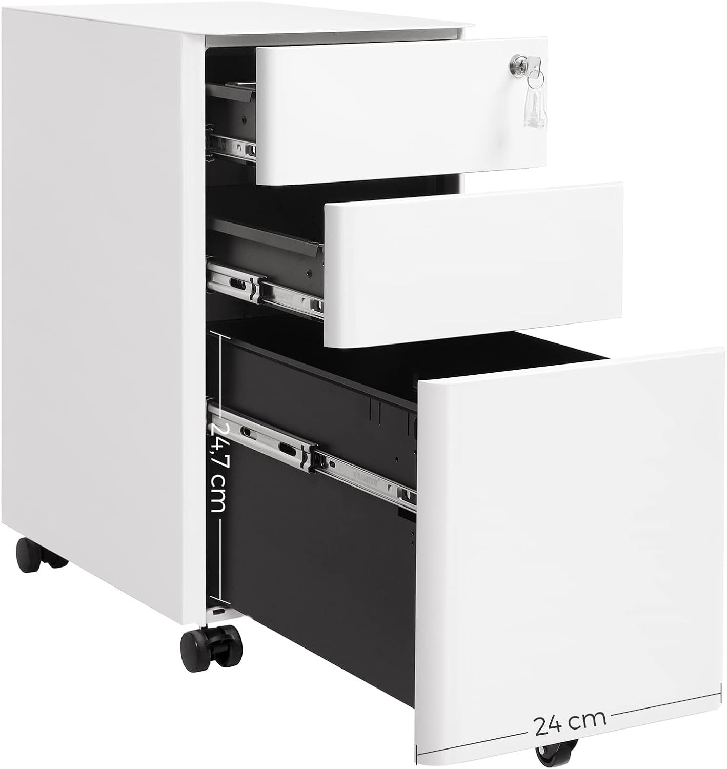 White Mobile File Cabinet 46x30x59cm Lockable 3 Drawer Steel