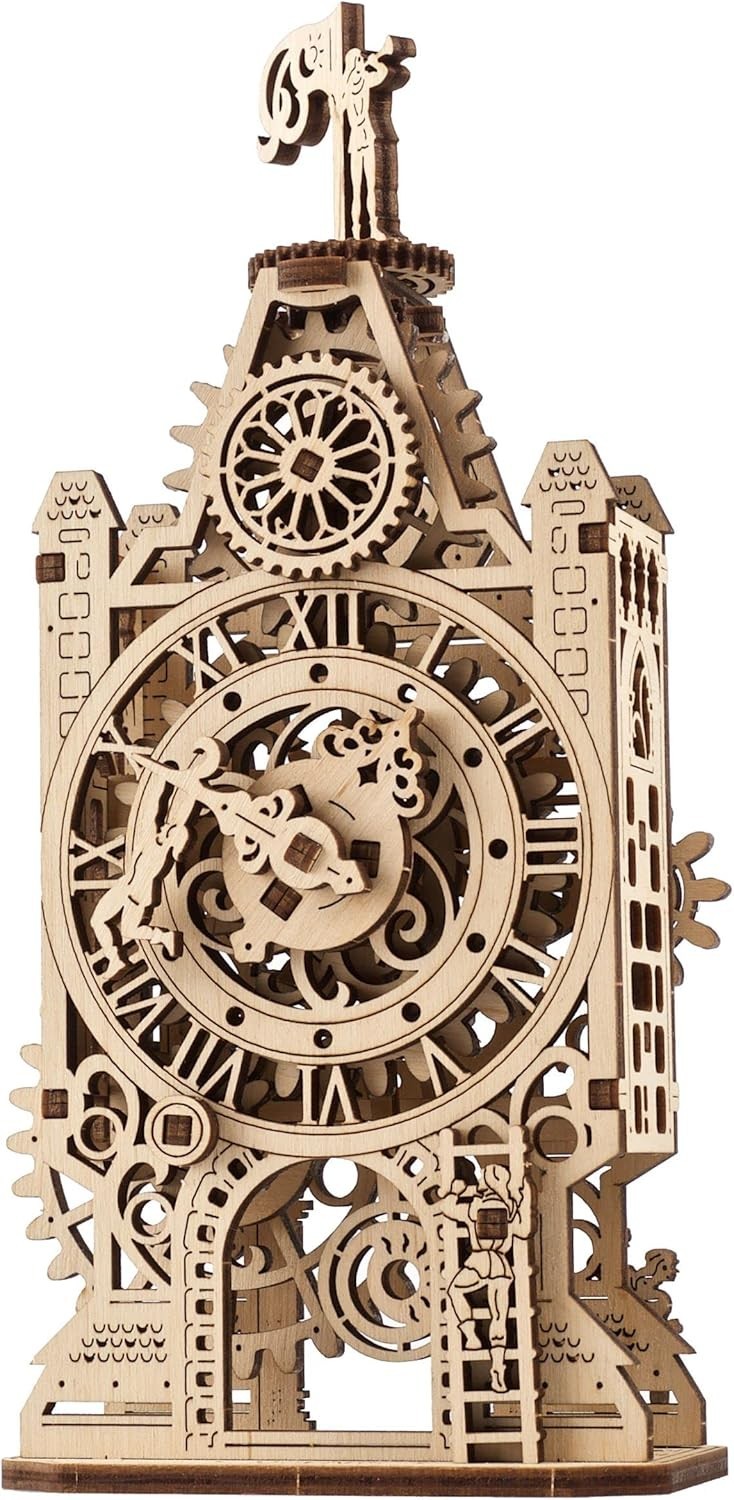 3D Wooden Puzzle Clock Tower Kit – Mechanical Moving Parts, DIY Build Gift