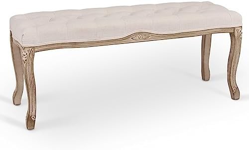 Beige French Vintage Upholstered Ottoman Bench Wooden Frame Seat 112x40x47cm