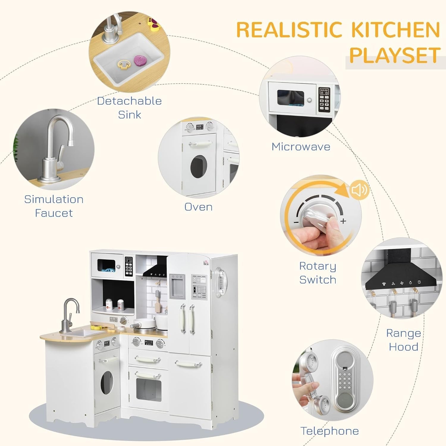 Wooden Kids Play Kitchen White Toy Set Fridge Oven Microwave Sounds