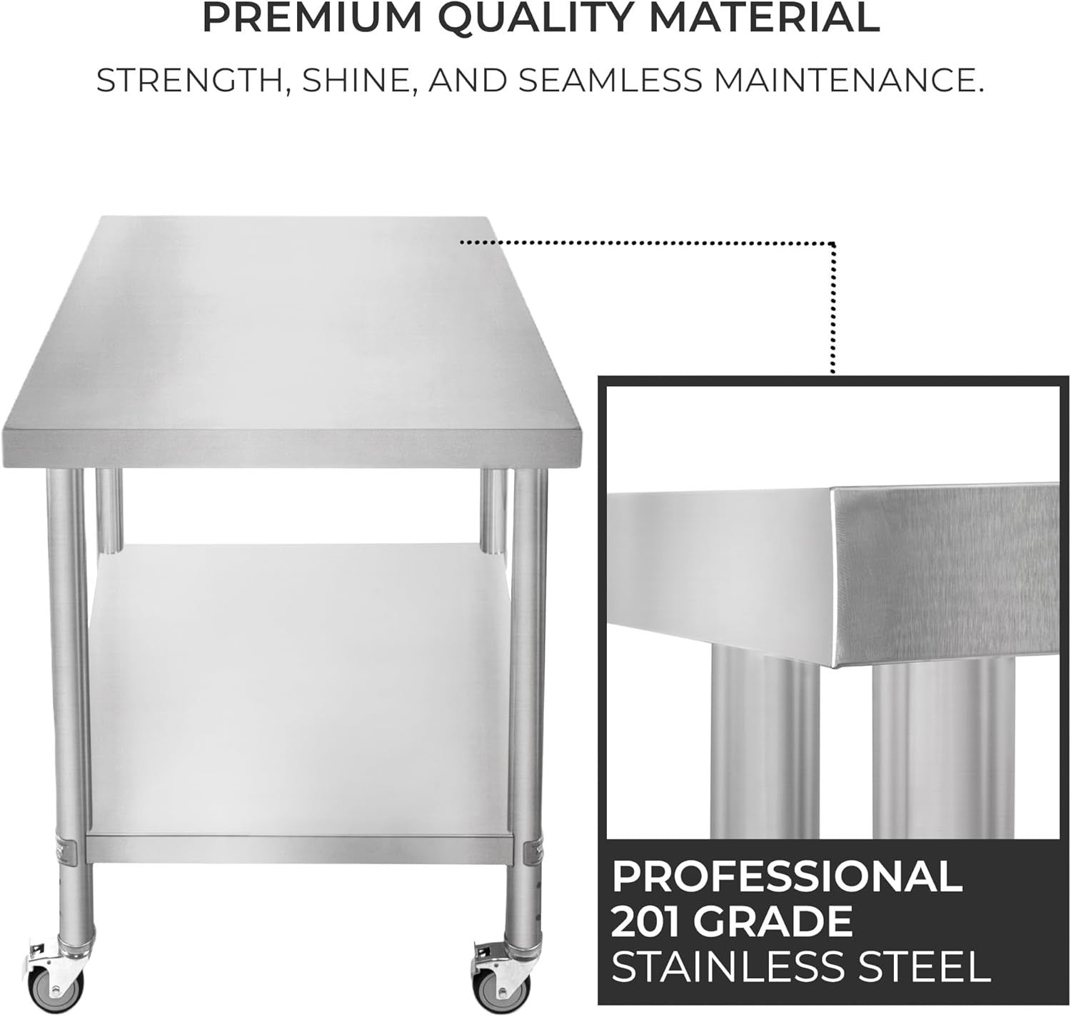 Stainless Steel Mobile Prep Table 160kg Kitchen Work Bench 90x76 Shelf Wheels