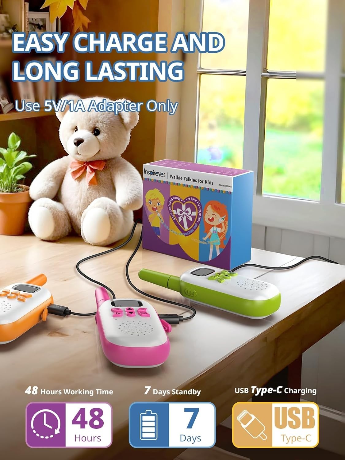 Kids Rechargeable Walkie Talkies 3 Pack Long Range VOX 48H Battery
