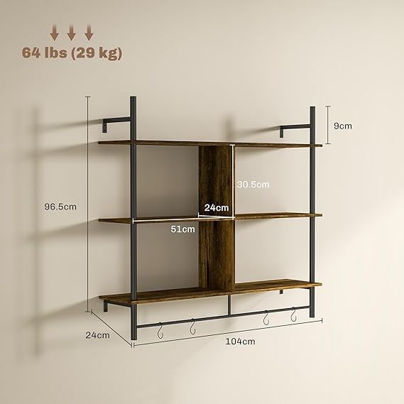 Rustic Ladder Wall Shelf 3-Tier Display Unit with Hooks 104cm Floating Rack