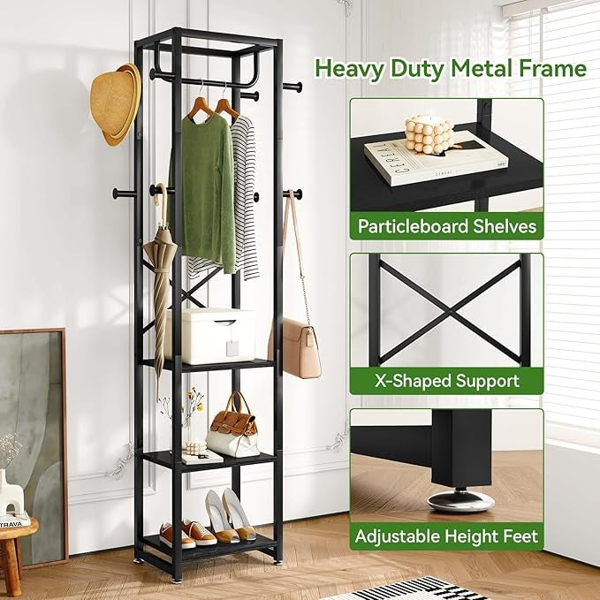 Black Industrial Coat Rack with Shelves & Hooks Freestanding Hall Stand