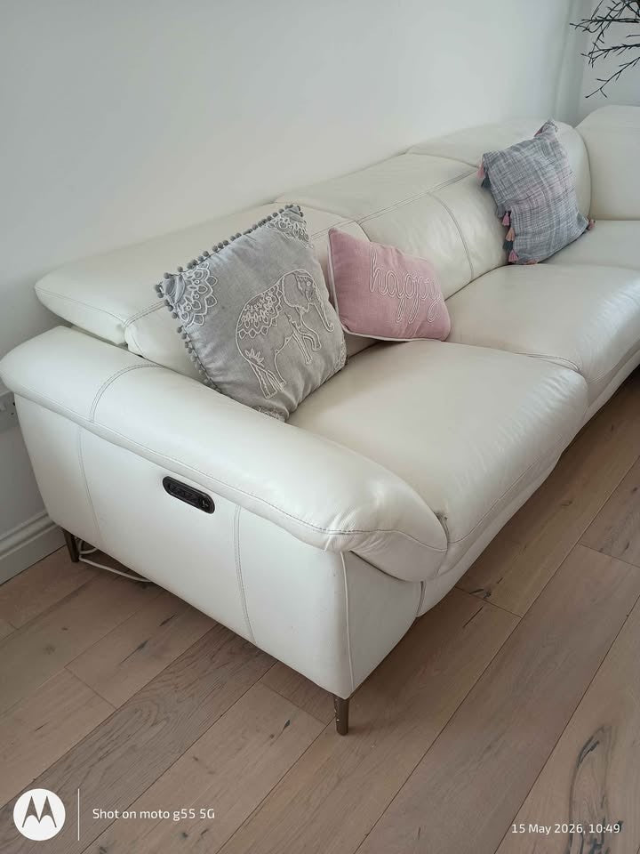Ivory White Leather Corner Sofa Recliner (PTP)
