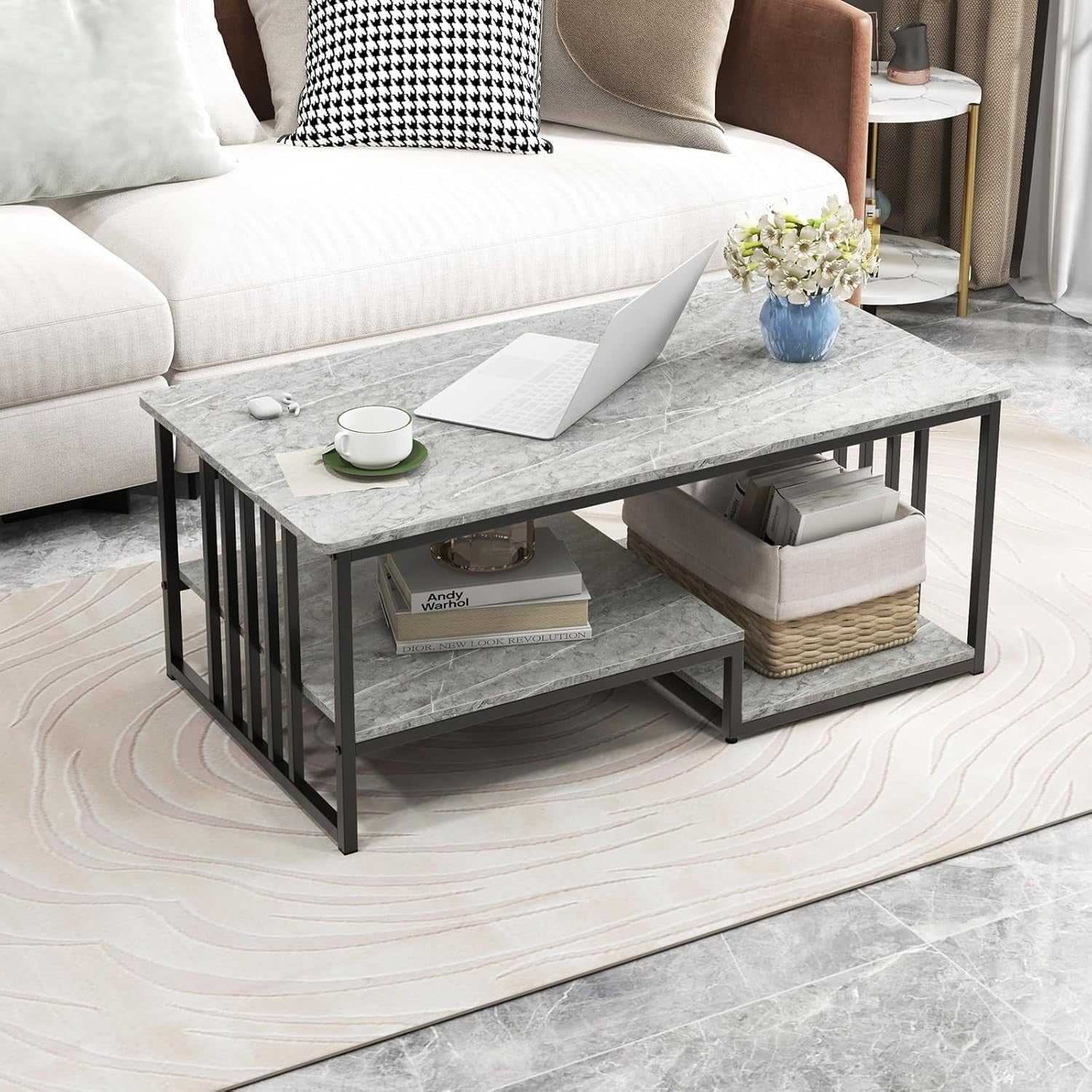 Modern Faux Marble Coffee Table 2-Tier Storage Shelf Rectangular Living Room