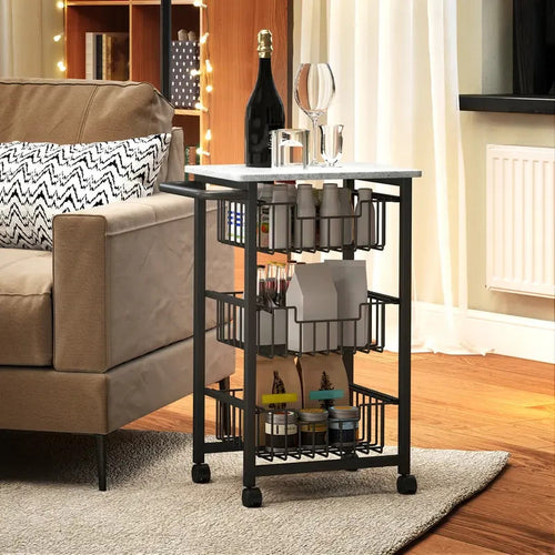 Rolling Kitchen Trolley with 5 Mesh Baskets & Marble Top – Light Grey