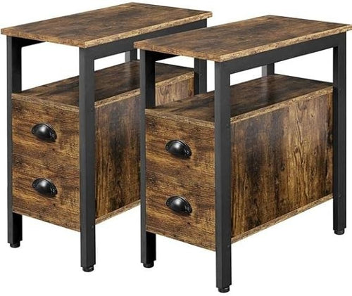 Slim Rustic Bedside Tables Set of 2 | Industrial 2-Drawer Nightstands 61×29.5×59
