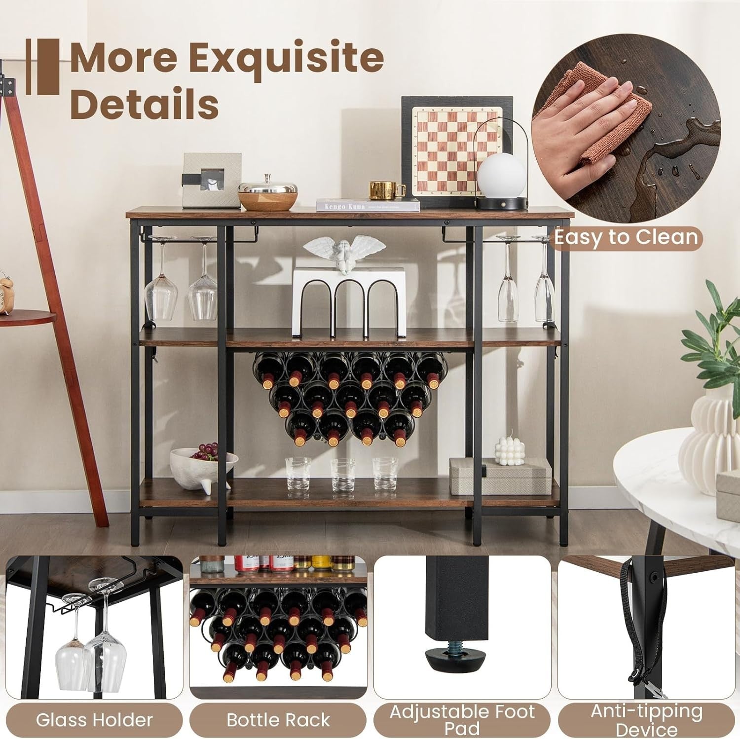 Wine Bar Cabinet with Tabletop, 15 Bottle Rack, Shelves, USB & AC Charging Ports