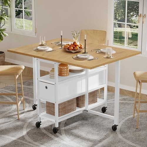 Mobile Folding Dining Table with Drawers & Wheels 120x80cm Space-Saving