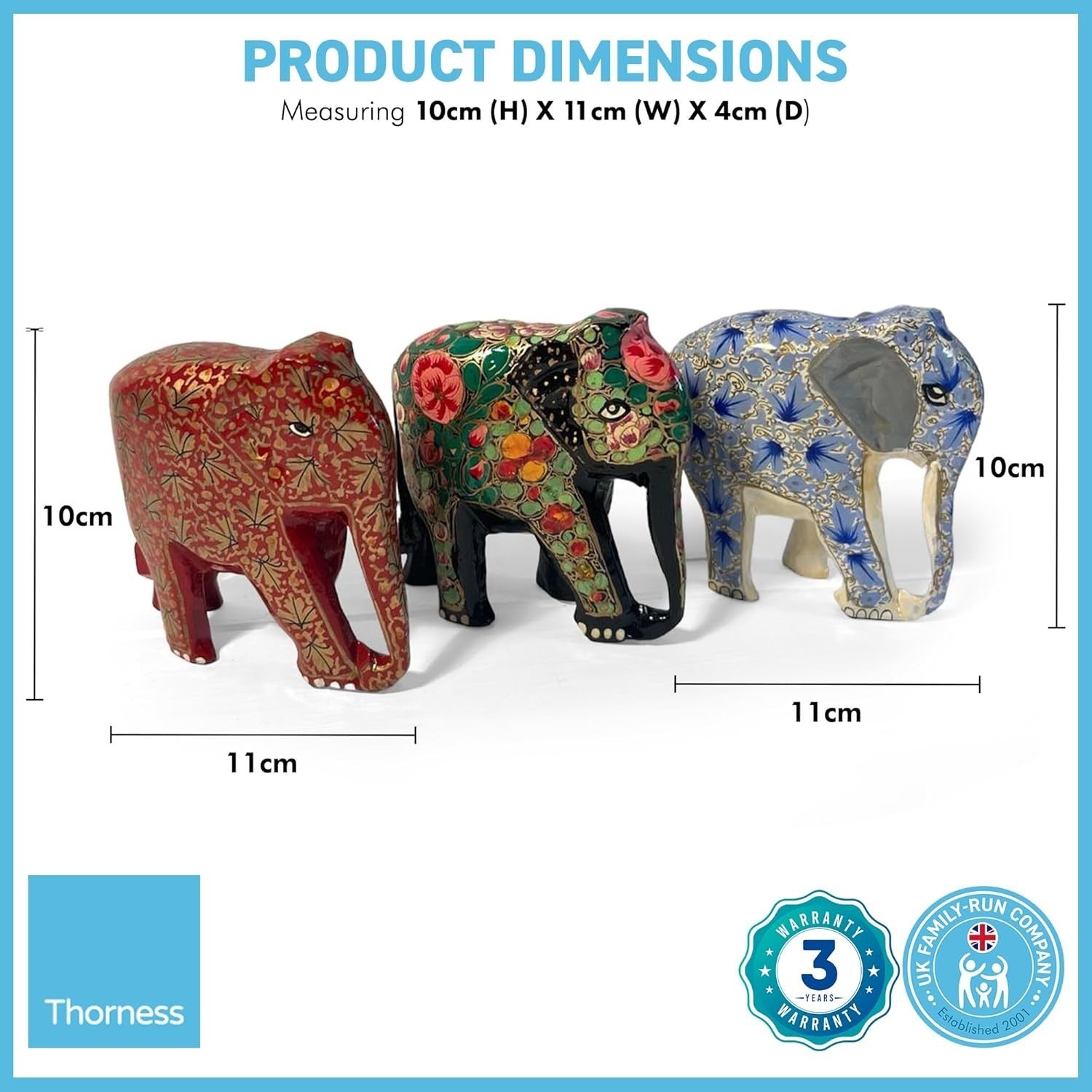 Set of 3 Paper Mache Elephant Ornaments | Colourful Wildlife Decor | Handmade