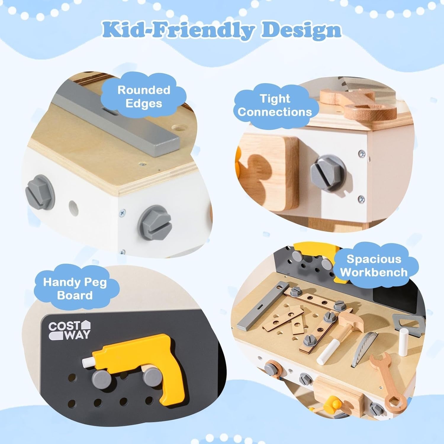 Wooden Kids Workbench Tool Bench w/ Pegboard Chalkboard Storage 51x28x72