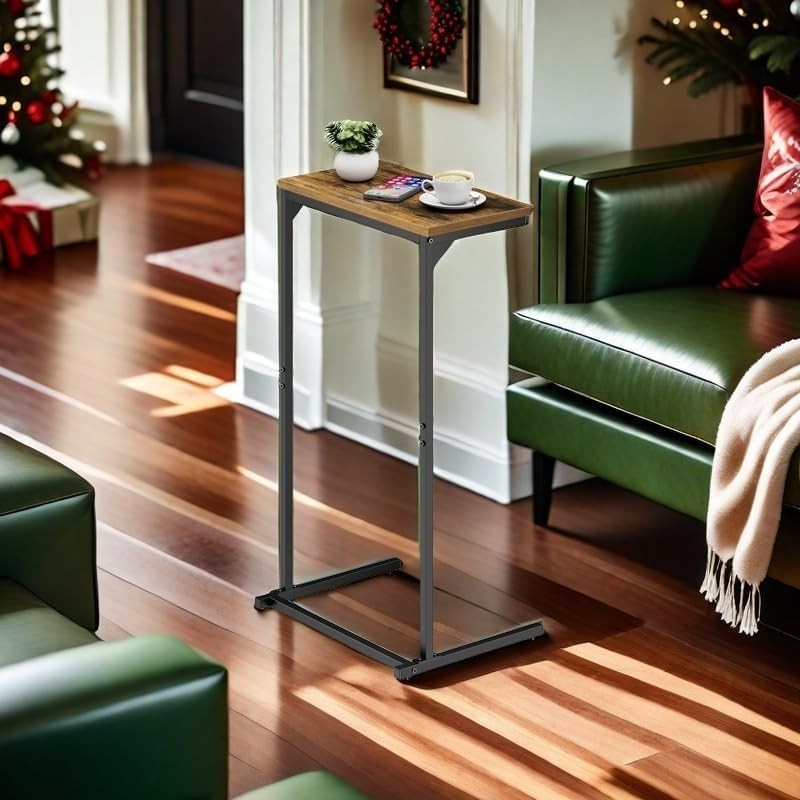 Space-Saving C-Shaped Side Table, Tall Slim Couch Table with Adjustable Feet