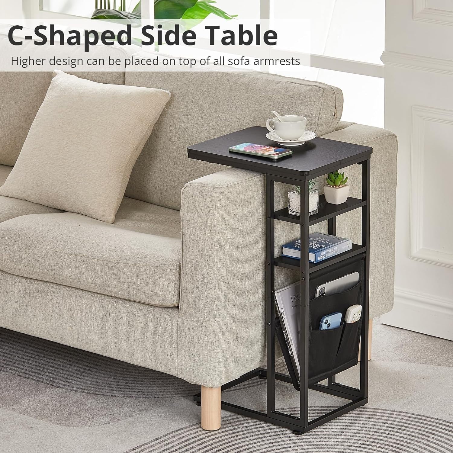 Black C-Shaped End Table 3-Tier Slim Side Table with Storage Bag for Sofa