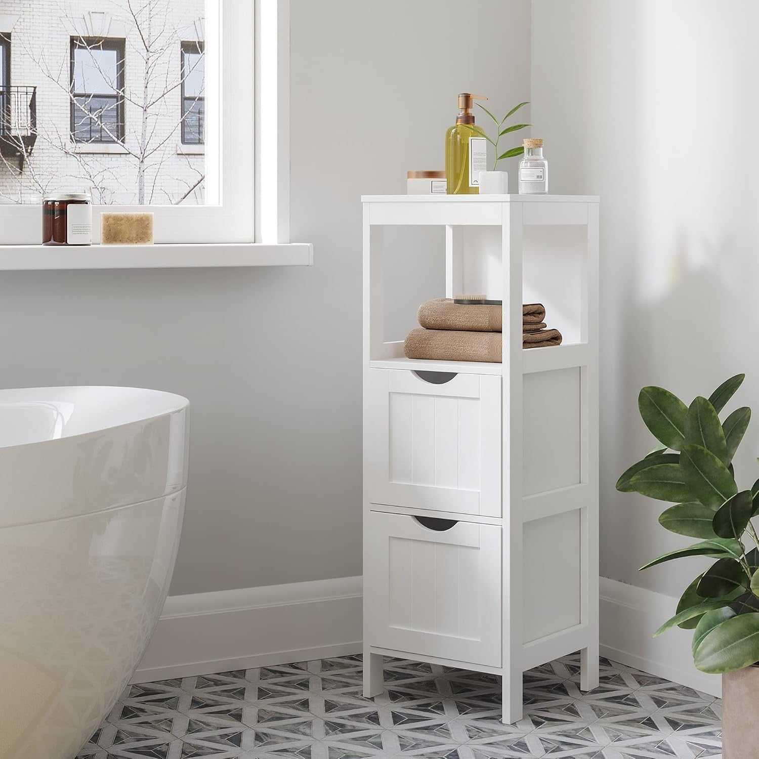 Tall White Bathroom Storage Cabinet – 2 Drawers + Open Shelf Modern Slim Unit