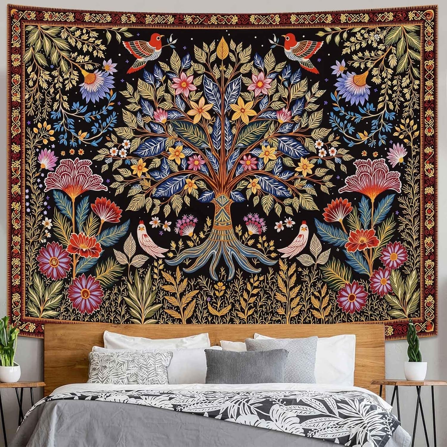 Folk Art Tree of Life Tapestry Birds & Foliage Boho 44x60