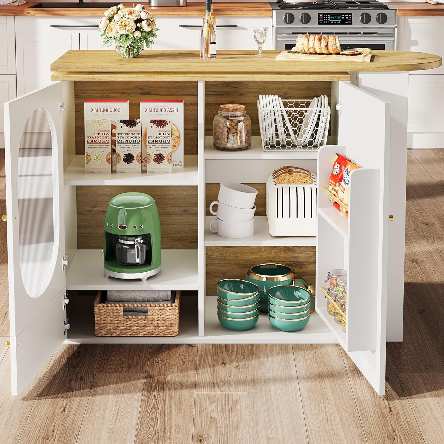 Extendable Kitchen Island Table with 360° Rotation & Dual Door Storage White