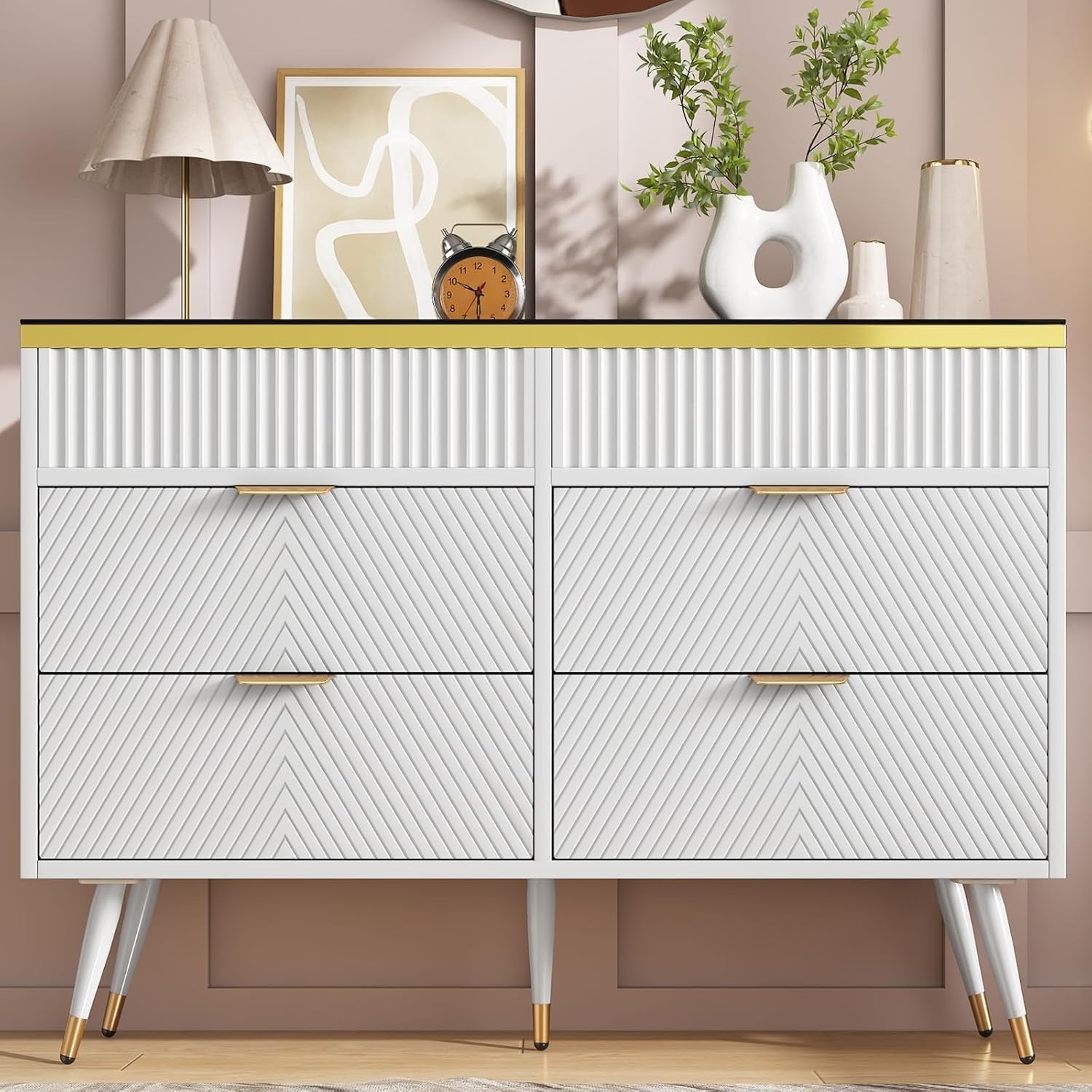 6 Drawer Chest of Drawers White Sideboard with Amber Glass Top Storage Unit