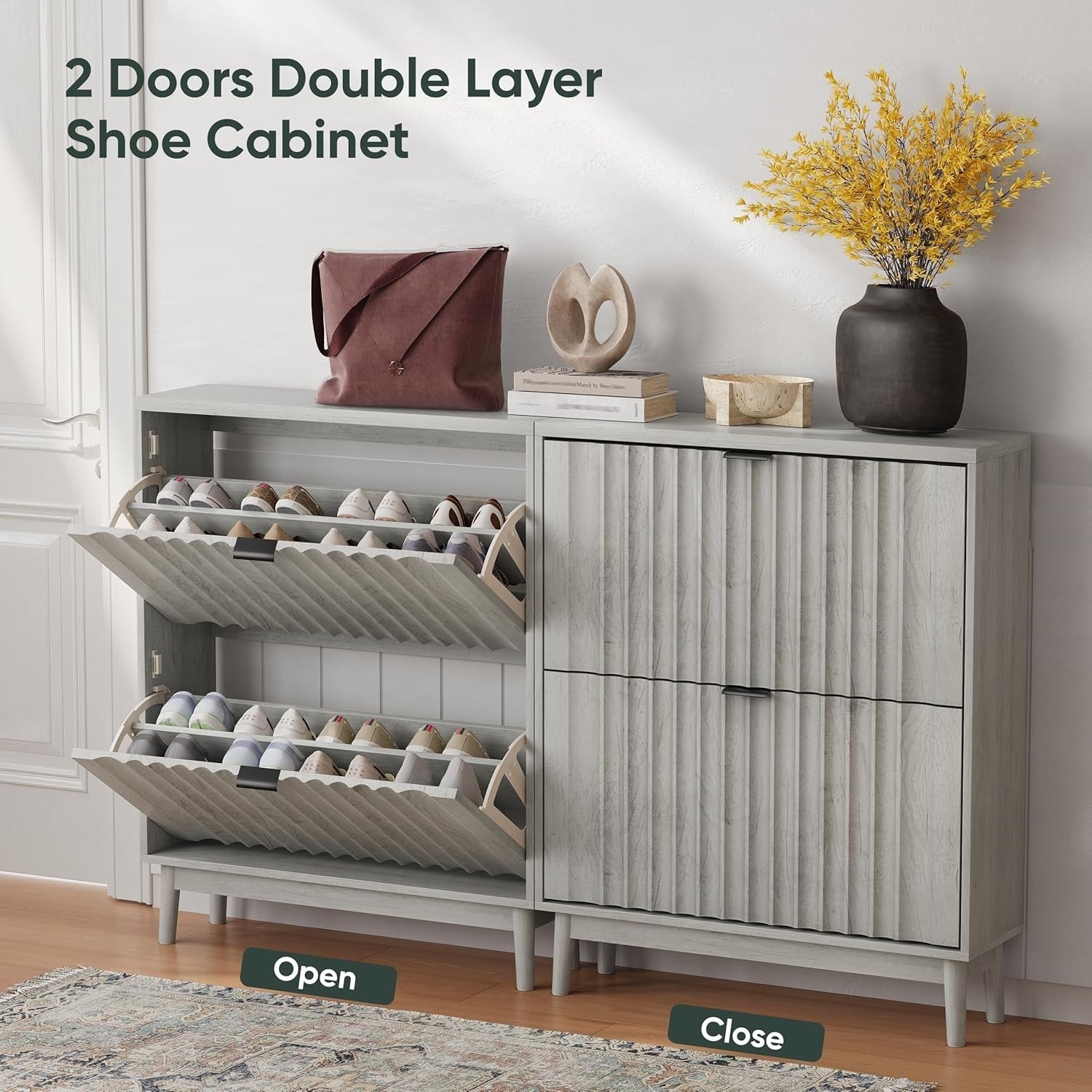 Narrow Grey Wood Shoe Cabinet 2 Flip Drawers Hidden Storage 24x80x99cm