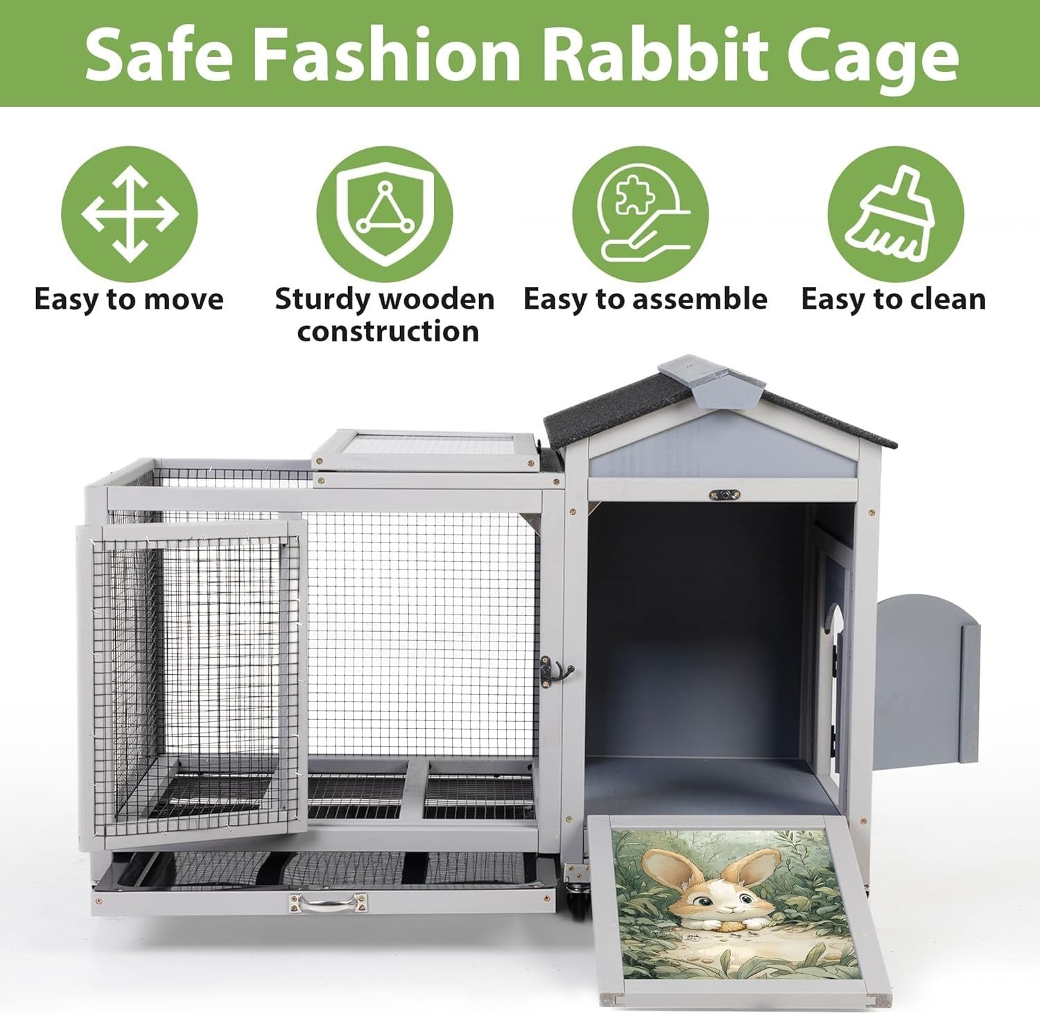 Large Wooden Rabbit Hutch Indoor Outdoor with Tray Lock Waterproof Roof