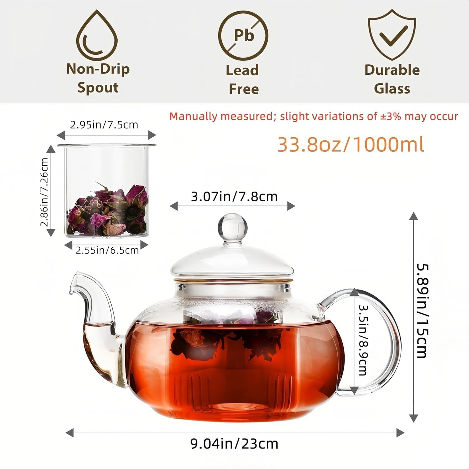 Glass Teapot 1000ml Stovetop Safe Tea Maker with Removable Infuser
