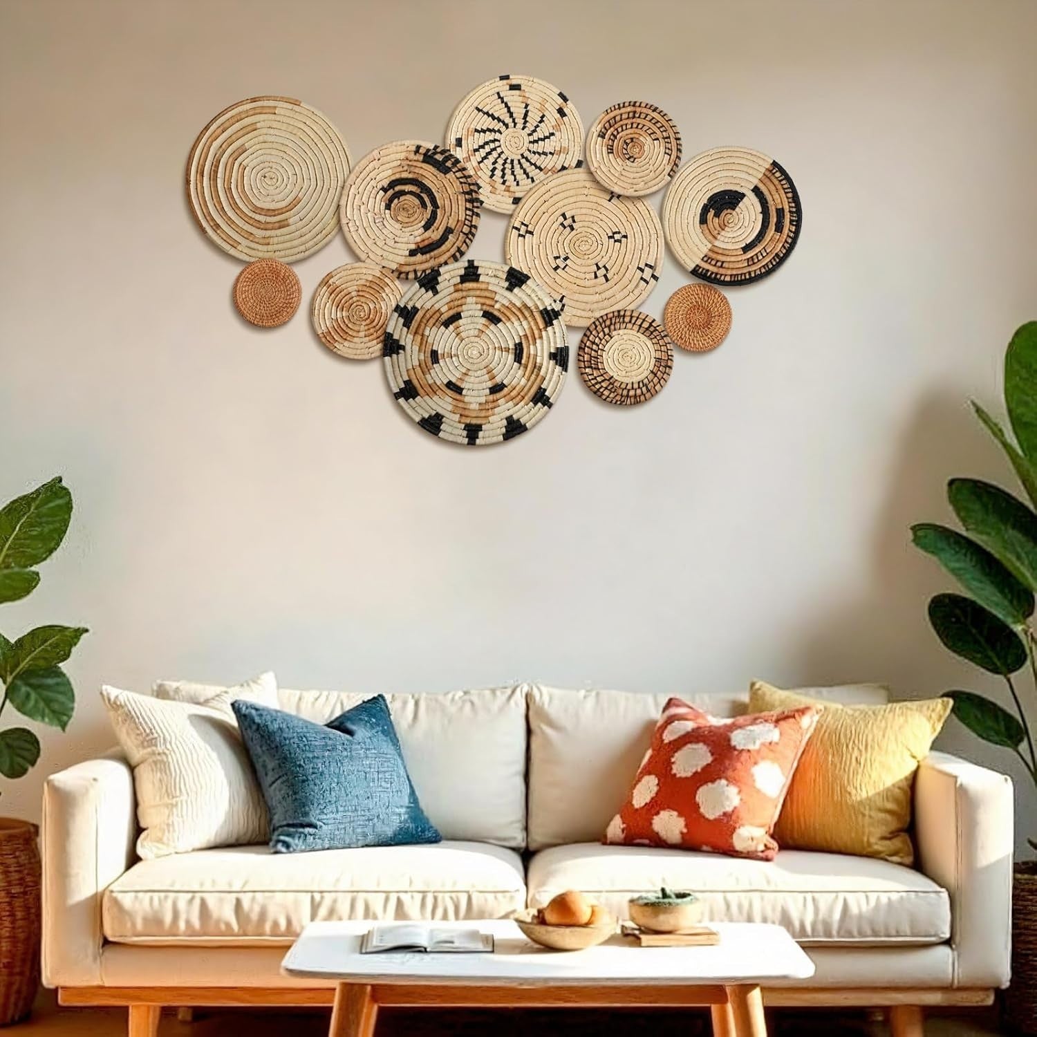 11PCS Boho Woven Wall Baskets Bulrush Farmhouse Decor Clr Artistic